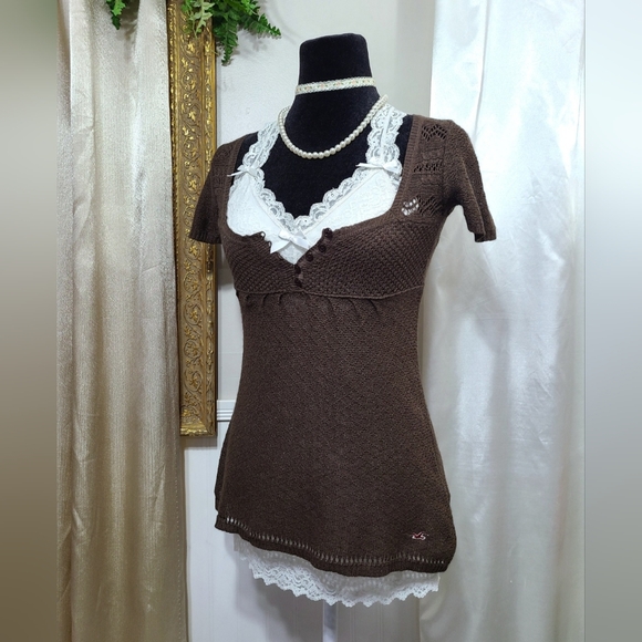 ♡ Y2K ♡ Hollister Brown Rabbit Hair Empire Waist Babydoll Henley Sweater,New Products : American Fashion Style Bags On Sale